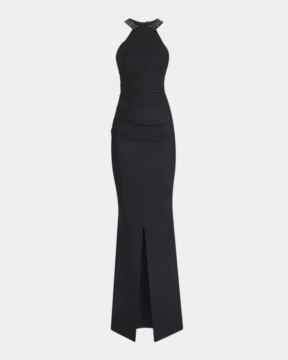 Jewel-Embellished Halter Mermaid Gown